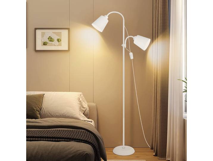 Lampe sur pied blanche moderne avec 2 têtes de lampe E27, 360 ° Lampe de lecture pivotante, lampe sur pied en métal pour salon, canapé, sans ampoules