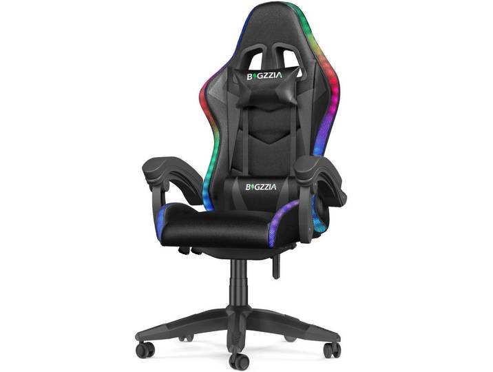 Rattantree Gaming-Stuhl Led, höhenverstellbar, Lenden- & Kopfstütze – Schwarz, Leder, 53.5x117x54 cm, Büromöbel, Bürostühle, Gaming-Sessel
