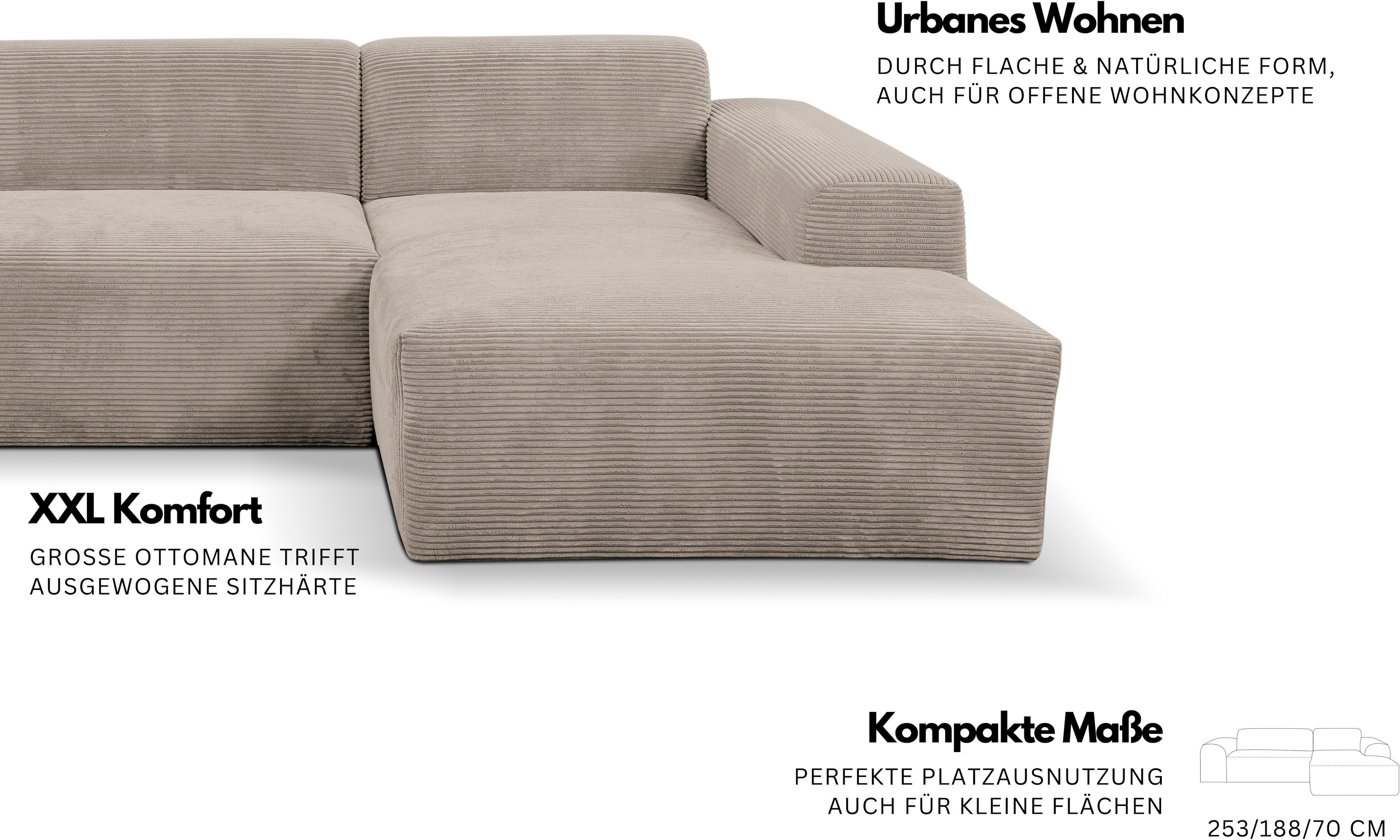 Ecksofa WERK2 "Zeus-L urbanes Curvy Design, kompakt & bequem, Lounge Couch", schwarz (anthrazit), B:253cm H:70cm T:188cm, 100% Polyester, Sofas, Ecksofa, Organische curvy-trend Couch mit großer Komfort-Ottomane, L-Form