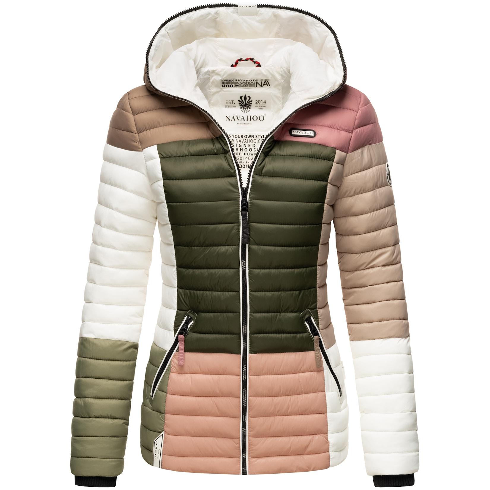 NAVAHOO Damen Stylische Steppjacke Colorblocking Übergangsjacke mit Kapuze Multikulti