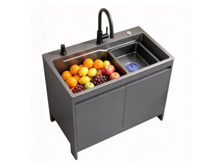 Freistehende Edelstahl-Spüle mit Unterschrank, 68/80cm Unterschrank Küche Mit Spüle Mit Unterschrank Für Warm- & Kaltwasser, Robustes Waschbecken(Gray,L80cmxW45cmxH85cm)