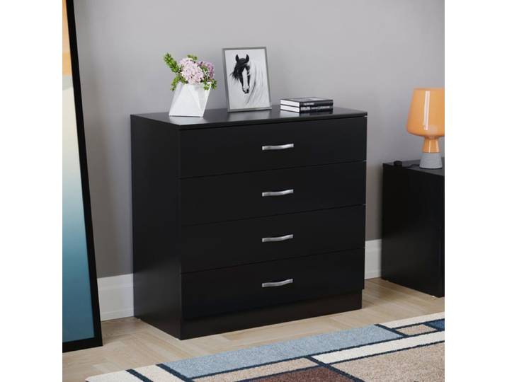 Commode noire Riano avec 4 tiroirs poignées et glissières en métal – Meuble de chambre à coucher