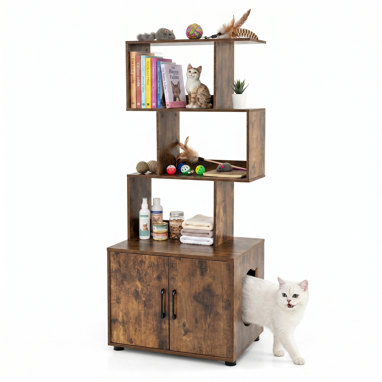 Costway Kattenbakmeubel met 3 Open Planken en Verborgen Kattenhuis in Bruin