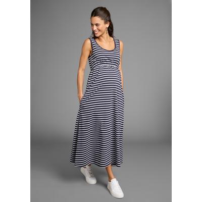 Umstandskleid NEUN MONATE "Langes Schwangerschaftskleid", Damen, Gr. 36, N-Gr, blau (blau geringelt), Single Jersey, Obermaterial: 95% Baumwolle, 5% Elasthan, geringelt, bequem ca. Mitte Wade, Rundhals, Kleider, Jersey-Kleid für die Schwangerschaft