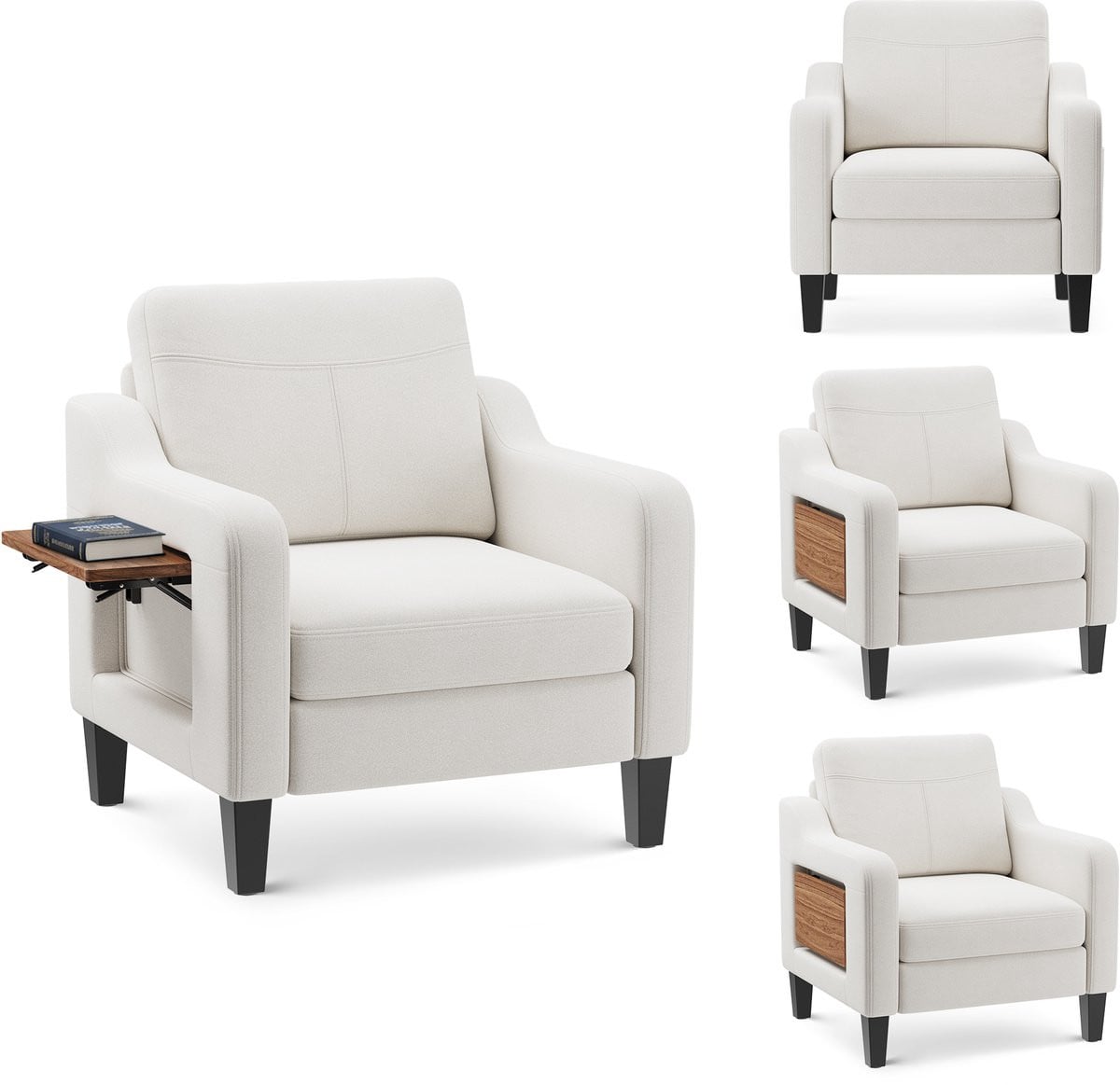 COLAMY stoffen fauteuil met houten zijpanelen - beige
