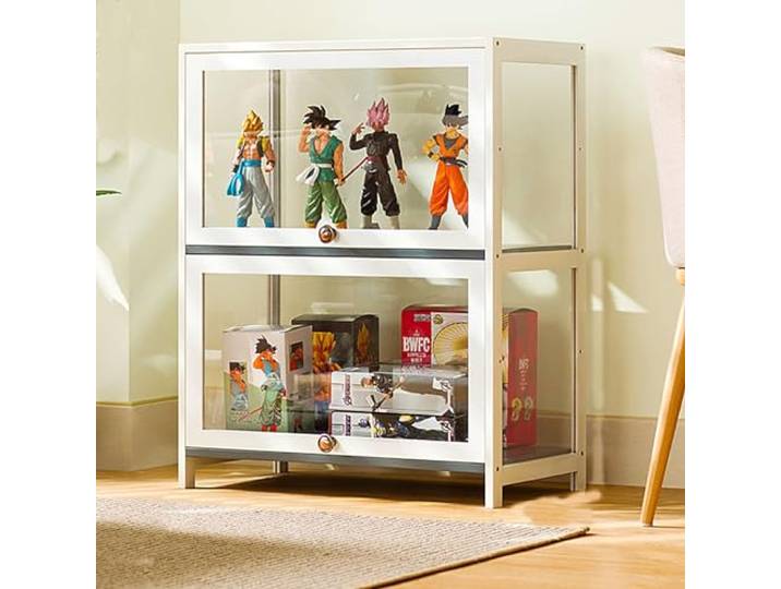 JSWHYBD Curio-vitrine Mit Acrylglastür, 1-5-stufige Vitrine, Vitrinen Aus Natürlichem Bambus Für Sammlerstücke, Aufbewahrungsschrank Mit Hoher Kapazität Und Aufklappbarer Tür, Starke Tragfähigkeit