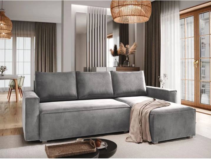 Hellgraues Ecksofa CAVELO, ausziehbar, beidseitig