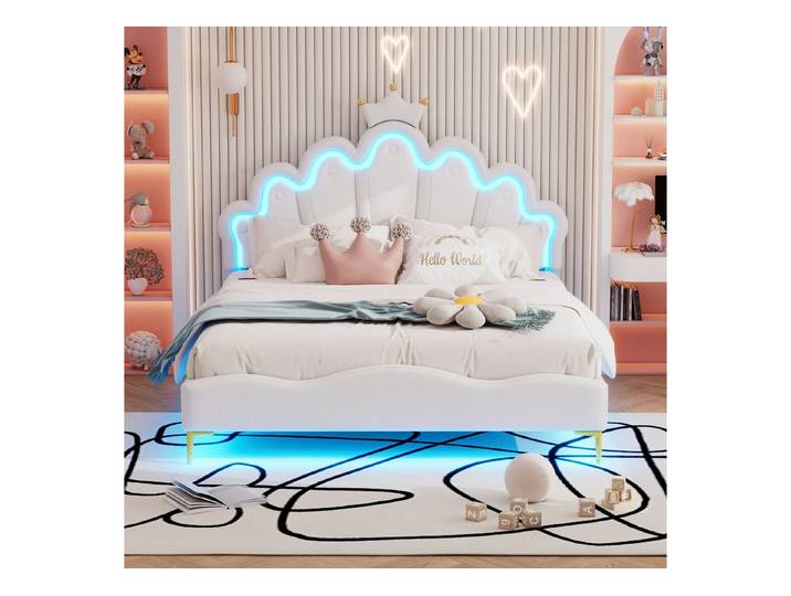 muvano Bett Doppelbett 140x200 Prinzessinnenbett Polsterbett LED App Steuerung