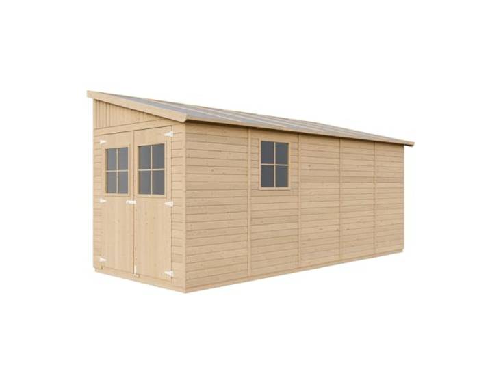 TIMBELA M341A – Tuinhuisje van Natuurlijk Hout (Met Zijwand) - Buitenberging met Ramen - H244x218x514 cm/10 m² - Schuur van Natuurlijk Hout - Werkplaats voor Gereedschaps- en Fietsenstalling