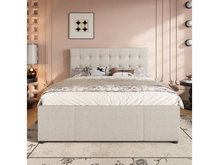 Lit rembourré 140x200cm lit double lit familial lit matrimonial avec trois tiroirs lit extensible tête de lit réglable sans m