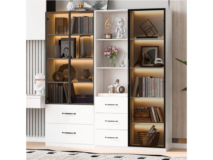 VUENOR Bibliothèque vitrine 140x40x160 cm blanc – LED multicolore 5 tiroirs