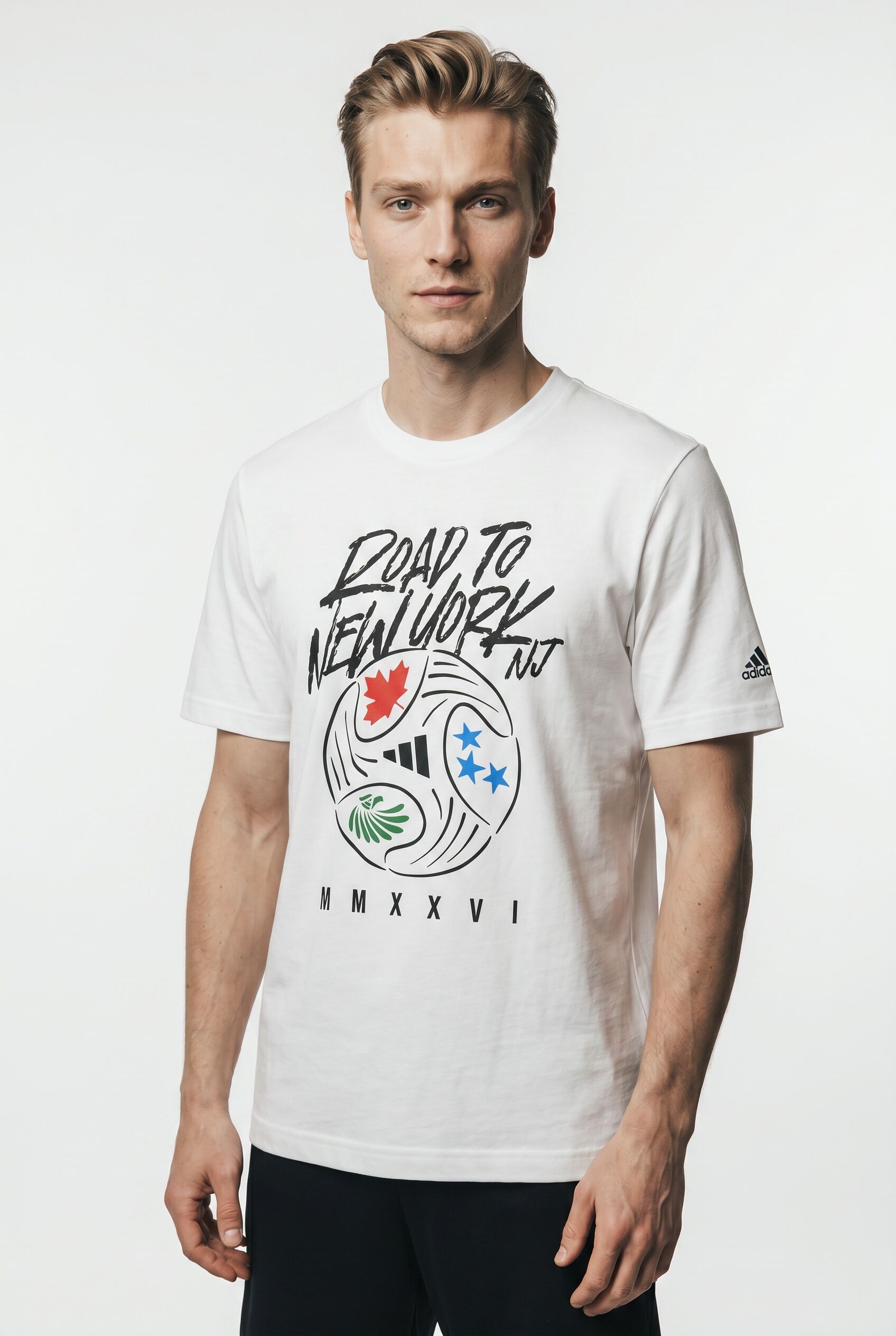 T-Shirt ADIDAS SPORTSWEAR "FIFA WORLD CUP 26™ ROAD TO NY NJ GRAPHIC", Herren, Gr. XXL, weiß, Obermaterial: 100% Baumwolle, normal, Rundhals, Shirts T-Shirt