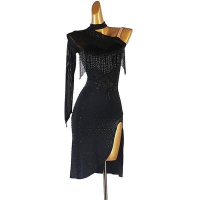 Schwarzes Tanzkleid für Damen – aufwendiges, ansprechendes Design, Fransen-/Paillettendetails, perfekt für Latein Ballsaalaufführung, Probe Bühnenshows