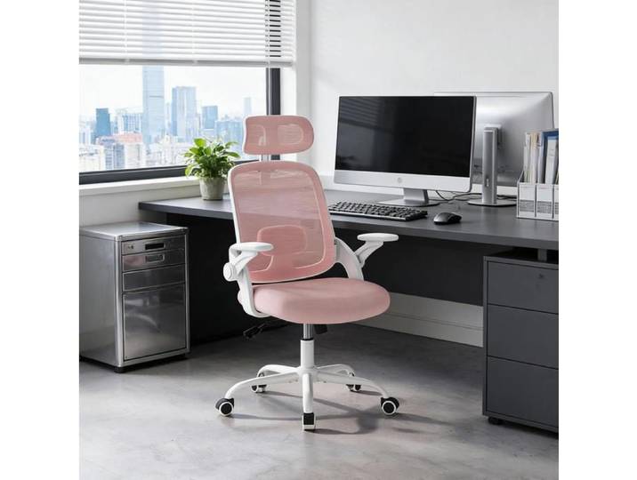 WOVREO chaise de bureau ergonomique rose dossier haut avec appui-tete reglable maille respirante
