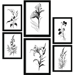 POSTER Set Mit 6 Ansteckblumen Blumenmotiven In Klassischem Schwarz Und Weiß A3 & A4 Rahmenlos