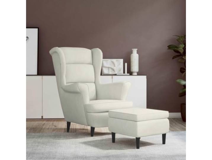 Sessel Fußhocker Creme Samt gepolstert 110 kg Sperrholzarm, Holzbeine, weicher Samt, Fußablage, stabile Konstruktion, creme