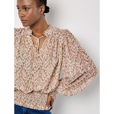 Klassische Bluse APRICOT "Lurex Ikat Bluse zum Raffen", Damen, Gr. M (38), grau (stein), Obermaterial: 98% Polyester PES. 2% metallisierte Fasern MTF., gemustert, Blusen Bluse, mit Smokdetails