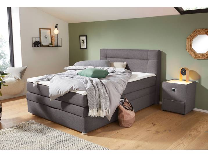 Boxspringbett, Strukturstoff, Dunkelgrau 369/19, 134×217 cm, Mit Bettkasten & Topper, Jockenhöfer