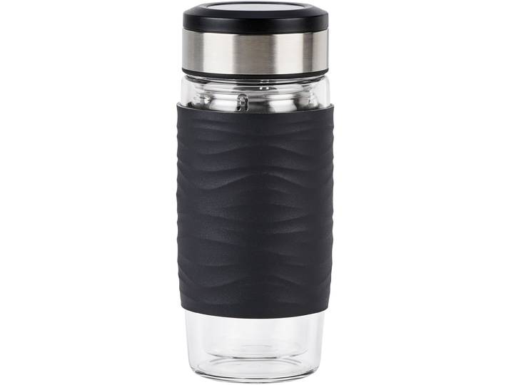 Thermobecher EMSA Tea Mug , schwarz (schwarz, edelstahlfarben, transparent), B:8,2cm H:19,5cm Ø:8,2cm, Edelstahl, Glas, Silikon, Trinkgefäße, Thermobecher, Teebecher, 400 ml, 100% dicht, 3-teilig, mit herausnehmbarem Tee-Sieb
