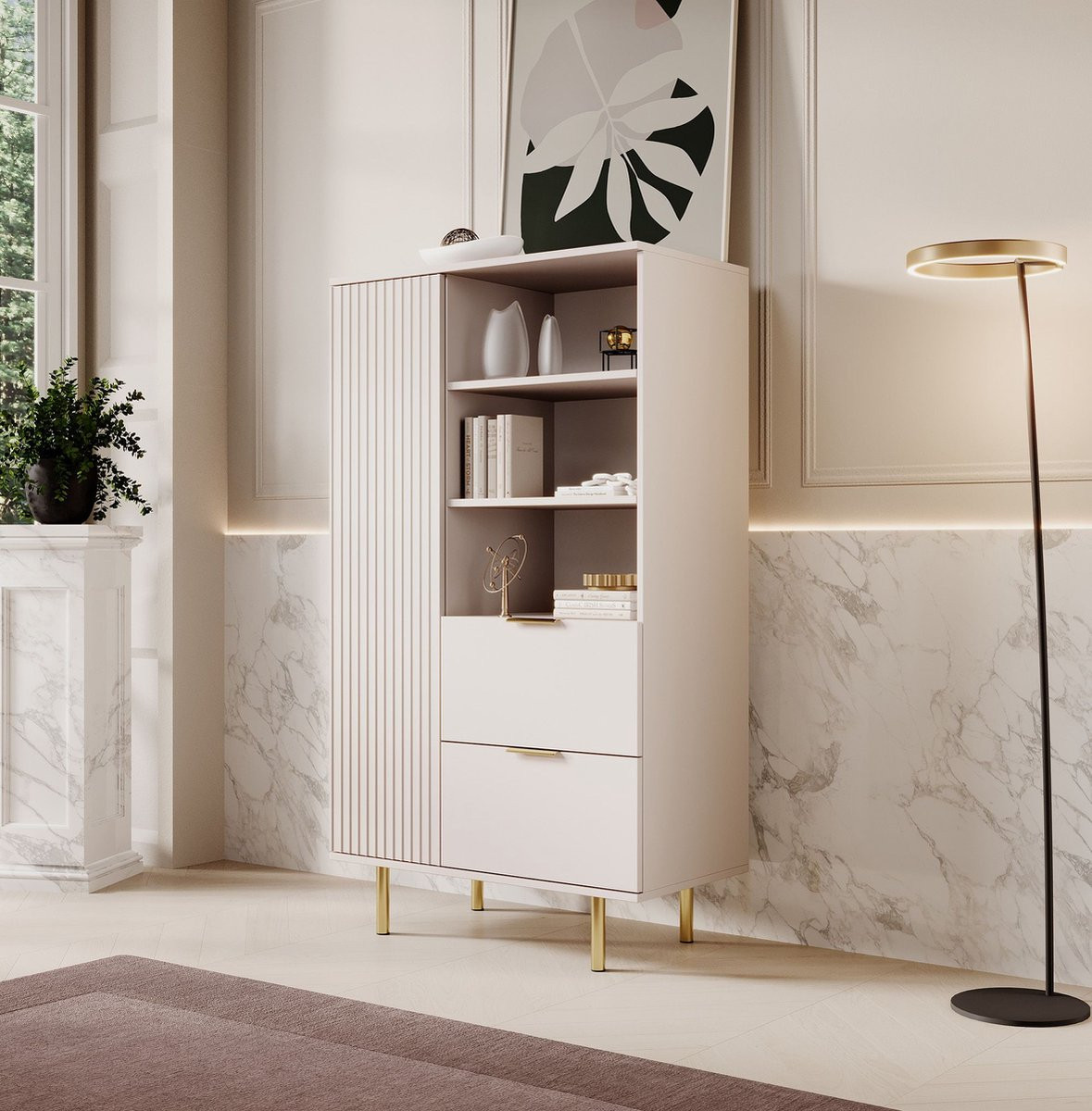 Meubella Vitrinekast Nicola Beige met open plank en deuren - Breedte: 80 cm, Hoogte: 140 cm