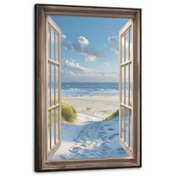 LEINWAND Bilder mit Rahmen - Aussicht - Strand - Fenster - Dünen - Meer - 90x140