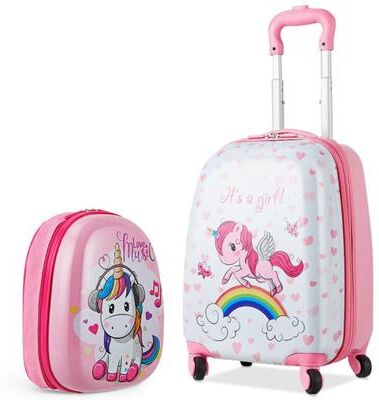 Costway 2 Pieces Kids Luggage Set 12 Inch Backpack and 16 Inch Kid Carry on Suitcase with Wheels