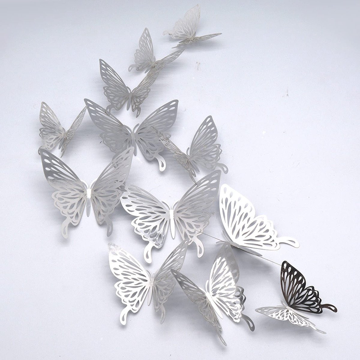 Dailygoody 3D Vlinder Muurstickers - Zilver - Decoratieve Muurdecoratie voor Slaapkamer en Feestjes