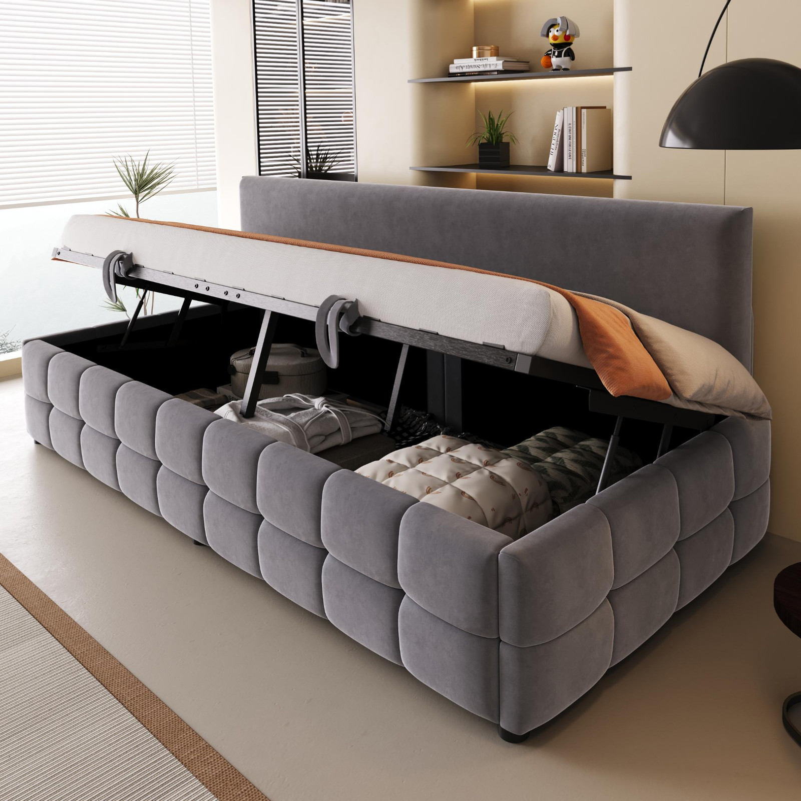 MODFU Kinderbed met matras en rugleuning, donkergrijs, 90 x 200 cm