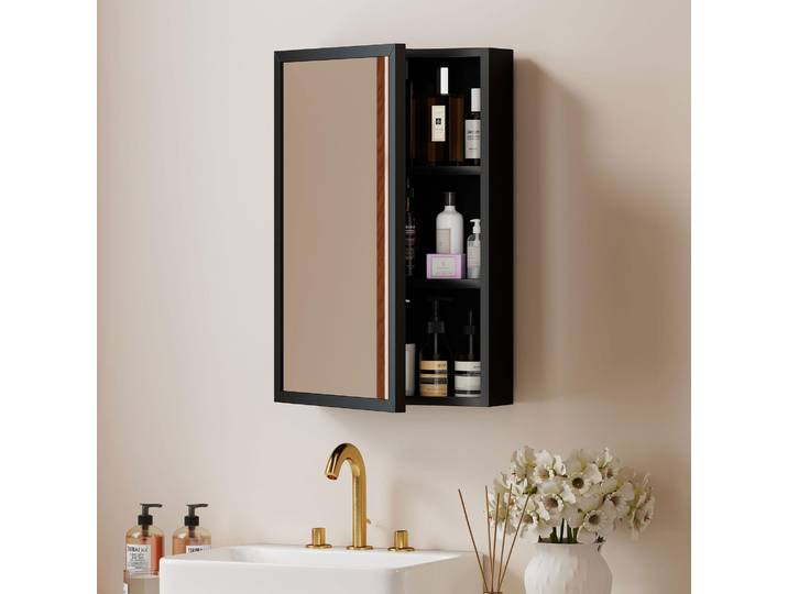kleankin Spiegelschrank Badezimmerschrank 3 Etagen Schwarz 40x12x60 cm