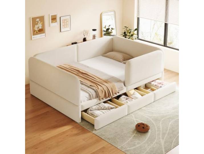 Guishanlihua Polsterbett Kinderbett 140 x 200 cm Mit Rundumlaufender Sicherheitsumrandung und Abgerundeten Ecken, Mit Aufbewahrungsschublade, Jugendbett, Samtstoff Beige (Ohne Matratze)