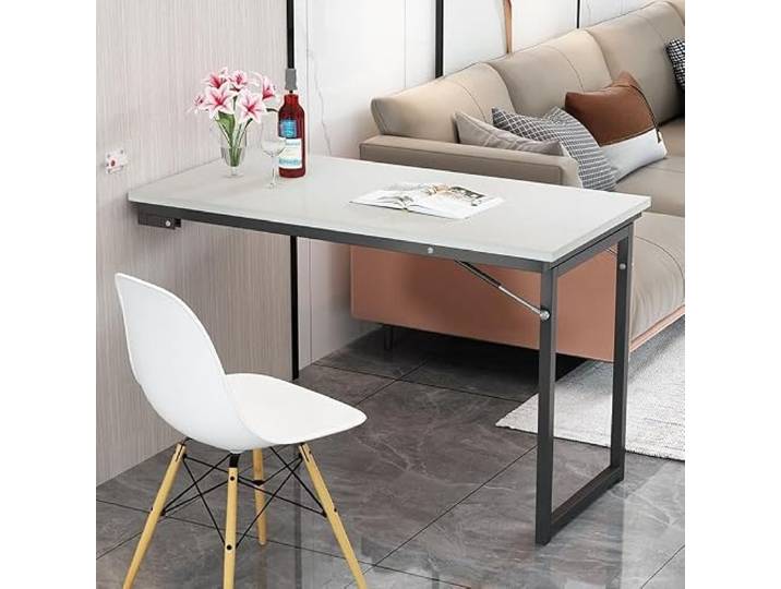 Wandklapptisch Nussbaum Holzoptik Platzsparend 3 Größen Stahl Klappbarer Wandtisch mit Stahlrahmen für Küche Esszimmer Büro Wohnung(D,120x50cm/47.2x19.7in)