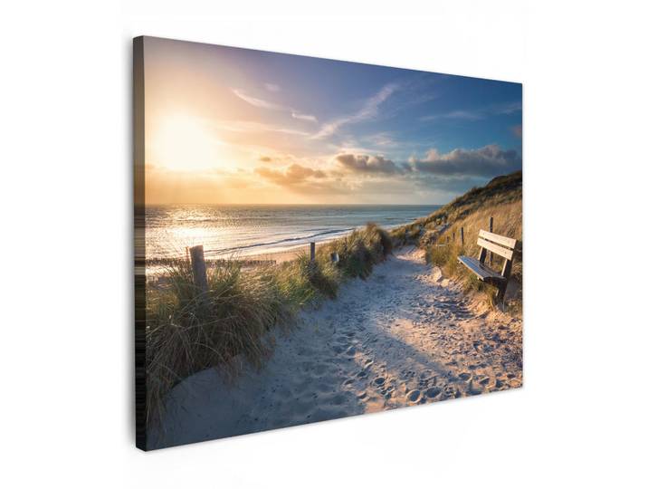 MuchoWow Leinwandbild - Sonnenuntergang - Strand - Düne - Gras - Ufer - 80x60 - Malerei, Sandfarben, Textil, Kiefer, Abstrakt, Rechteckig, 80x60 cm, gerahmt, Bilder & Rahmen, Bilder, Wandbilder