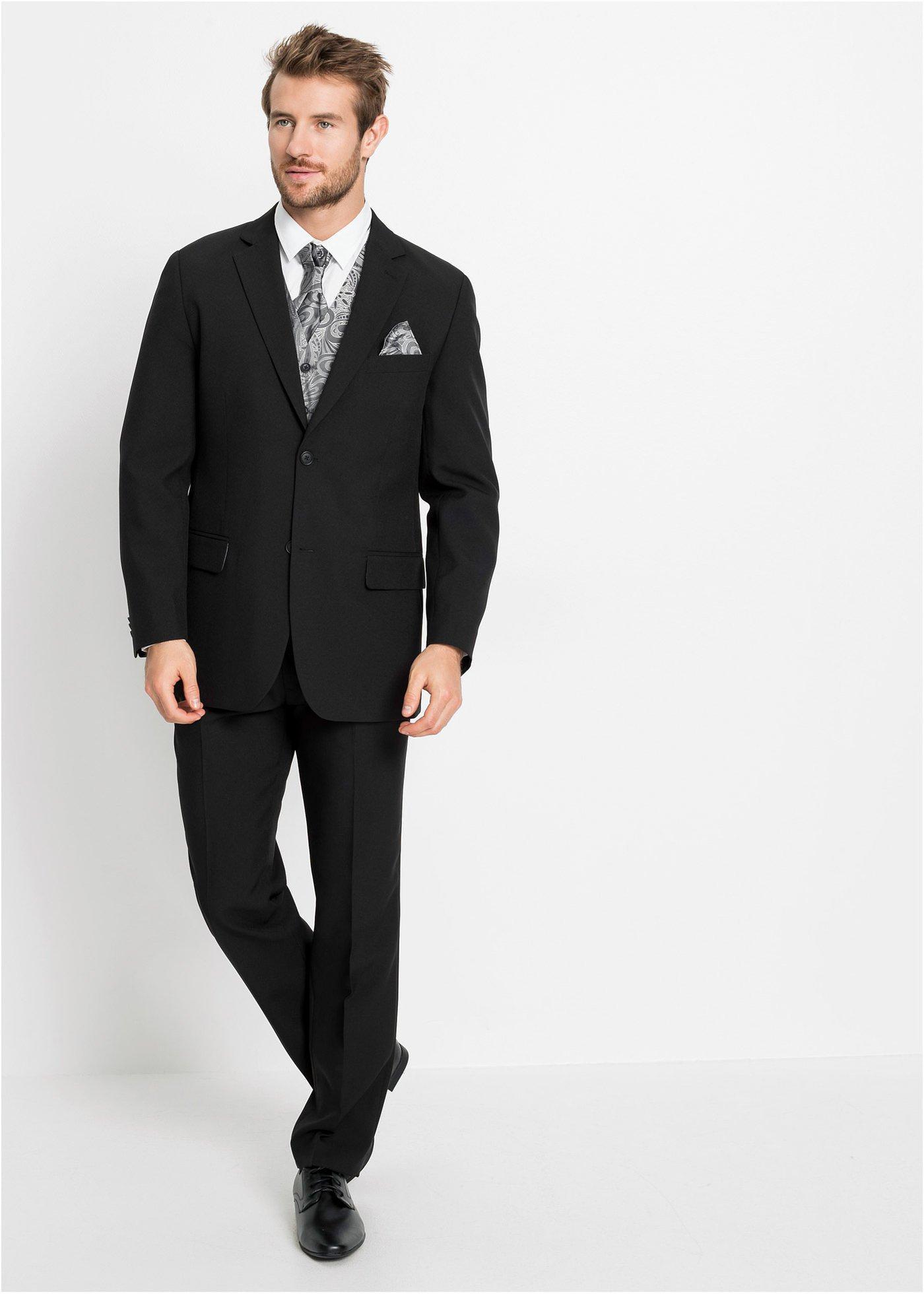 bonprix Anzug mit Weste Krawatte und Einstecktuch (5tlg. Set), schwarz, Gr.46, Formeller 5-tlg. Anzug mit edlem Plastron