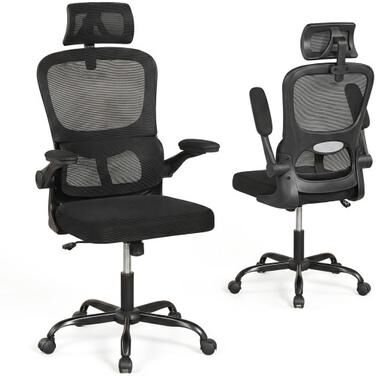 Costway Mesh Office Chair with Adaptive Lumbar Support, Flip-up Armrests, Reclining Backrest-Black