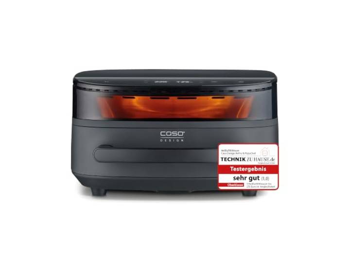CASO AirFry & PizzaChef Heißluftfritteuse 6 l, kompakt & flach für Pizza bis 30 cm, 11 Programme, PFAS-freie Keramikbeschichtung, Dual-Heizelement, 50–230 °C, Sichtfenster