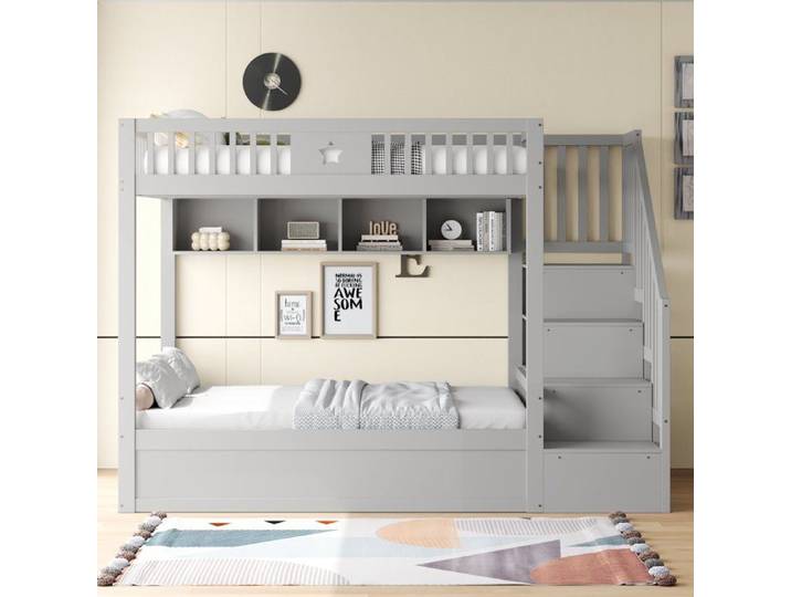 Lit Superpose 140x200 avec Coffre Hydraulique Escalier 4 tiroirs Etageres Barrieres Securite Lit Mezzanine Adulte/Enfant - Gris