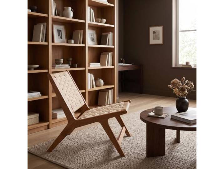 LIMHOME Loungesessel ZSH006 aus walnussfarbenem Eichenholz mit Kreuzgeflecht an Sitz und Rücken, niedriger Sessel für das Wohnzimmer, Walnussfarben