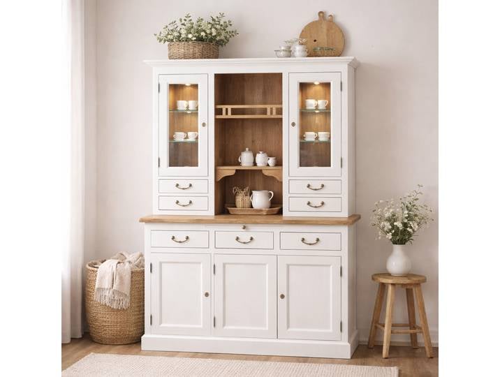 Weißer Buffetschrank im Landhausstil mit dimmbarer LED-Beleuchtung