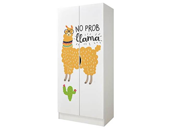 Leomark Roma Kleiderschrank 2-türig aus Holzwerkstoff, Lama-Motiv, Weiß Maße 70x42,5x161,5 cm, 3 Fächer, Hängebereich für Kleidung, verstellbare Scharniere, abriebfester UV-Druck, sicherer Griff