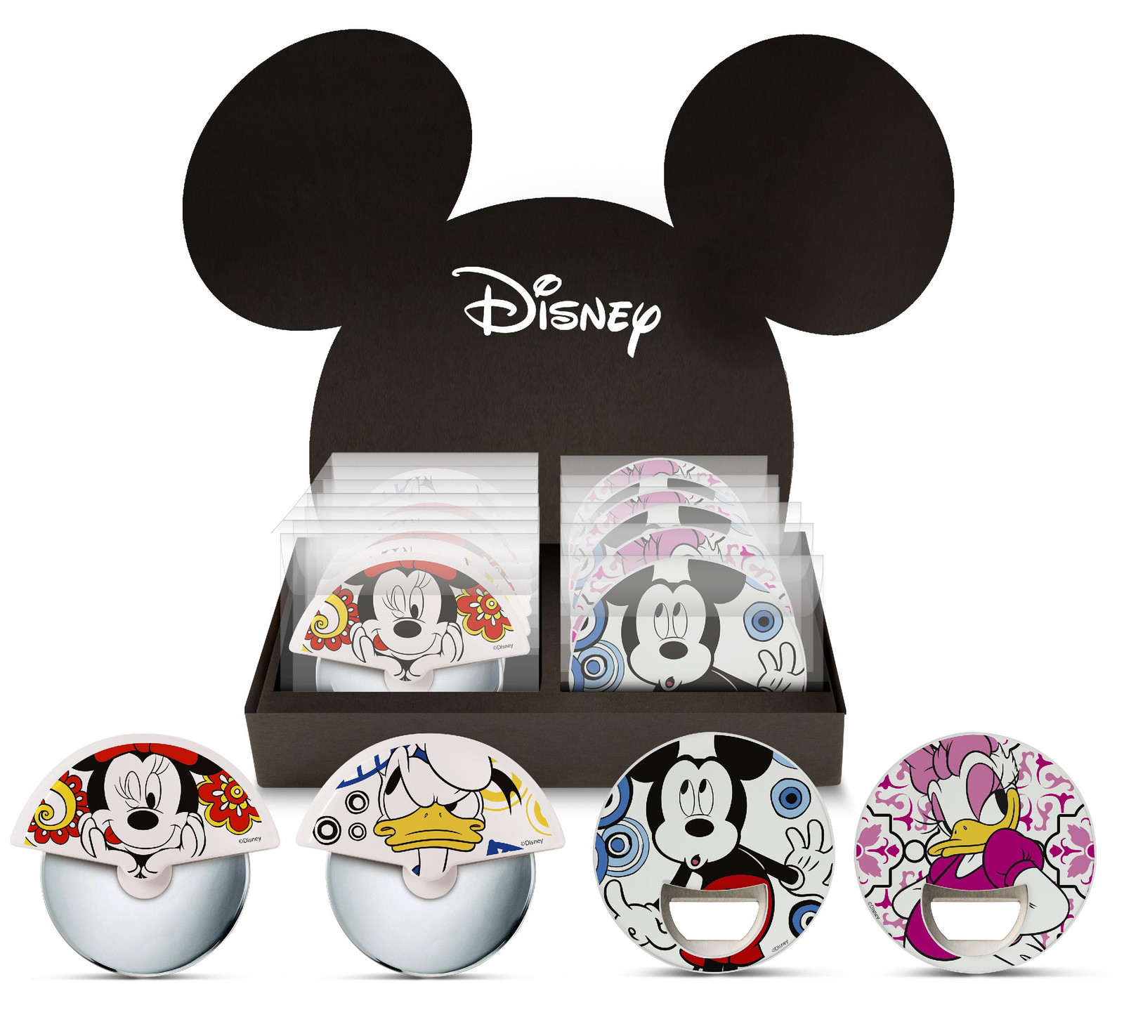Egan Disney Forever & Ever set met 6 flessenopeners en 6 pizzamesjes met Mickey en Minnie afbeeldingen
