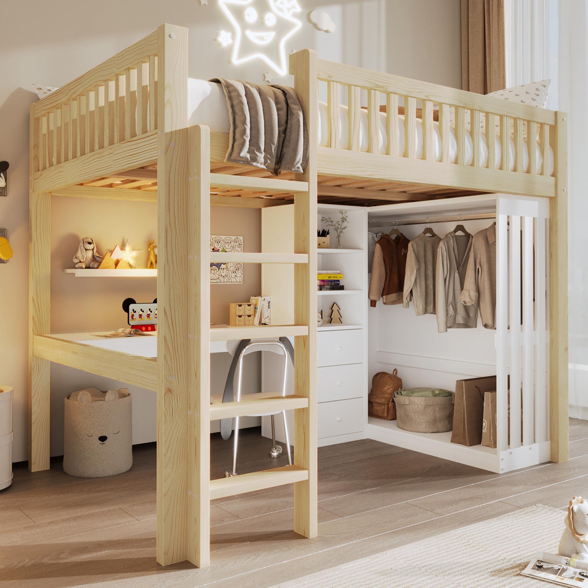 Merax Etagenbett Hochbett 140x200 cm, mit Schreibtisch, Offen Kleiderschrank, 3 Schubladen, Treppe, Regal, Kinderbett Holz, Stockbett, Weiß+Natur