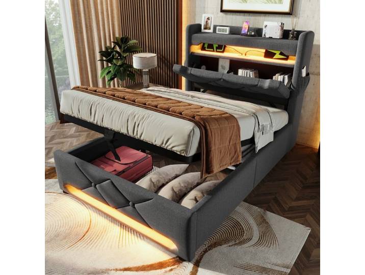 Lit Coffre 90 x 200 CM avec Sommier--Lit Double Rangement avec LED et USB-Lit Hydraulique 90 x 200 avec Rangement sous le lit - Gris