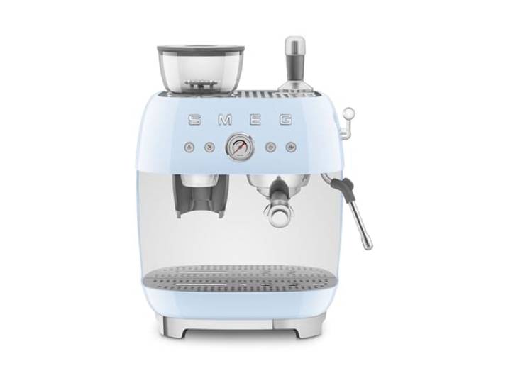 Smeg, EGF03PBEU, manuelle Espressomaschine, mit integrierter Kaffeemühle, Thermoblock, 4 Temperaturstufen, Dampfdüse und Druckmesser, 1-l-Tank, kompakte Größe, 1350 W, Creme, Pastellblau