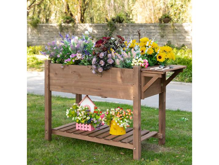 Outsunny Bac à fleurs surélevé avec 8 compartiments divisés étagère pliable Bac à fleurs Pot de plantes Potager Herbes Bois massif Marron 123 x 54 x 80 cm