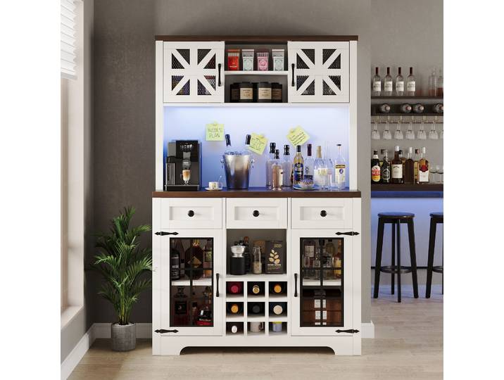 Redom - Buffet De Cuisine 120x40x180 Cm\, Éclairage Led Contrôlé Par Application\, Range Bouteilles\, Mdf Et Verre Blanc
