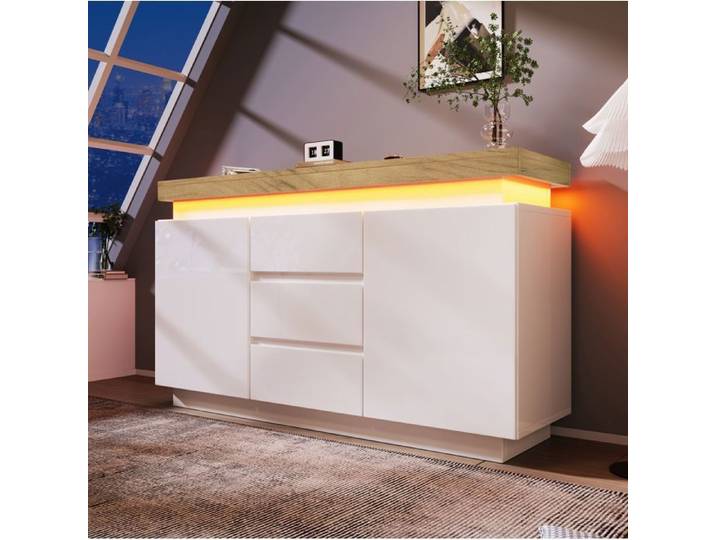 Buffet bas VUENOR blanc brillant 140 x 39 x 81 cm avec LED et 2 portes 3 tiroirs