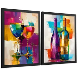 POSTER 2er Set Küchen-Wandbilder Weingläser und Flaschen Pop Art Bunt Abstrakt Esszimmer Wanddeko Schwarzer Rahmen A3