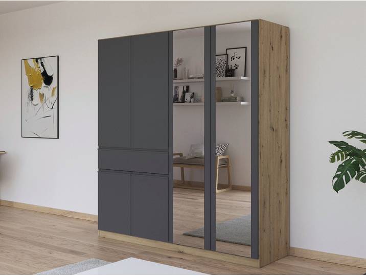 Armoire 6 portes dont 2 miroirs 1 tiroir Macari Gris/chene Artisan - Basika