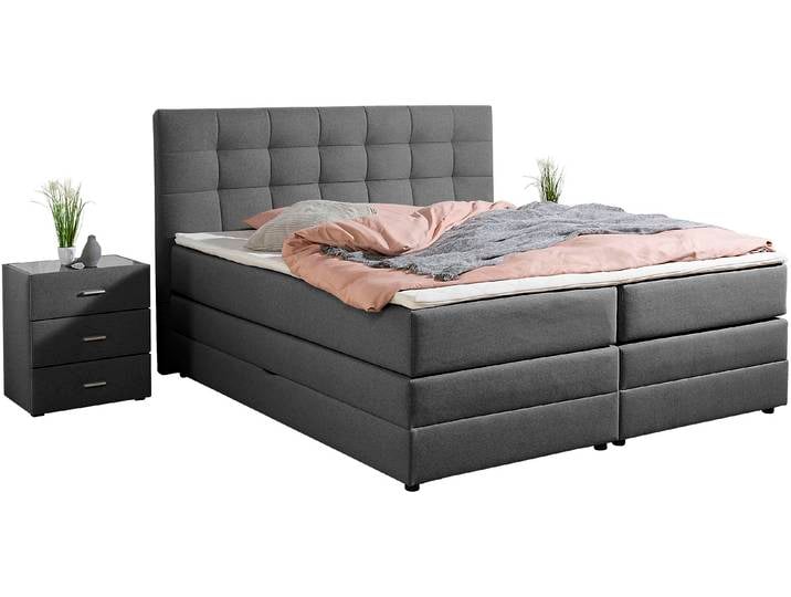 Boxspringbett, Anthrazit, 174x211 cm, Strukturstoff, Mit Bettkasten & Topper, Modern