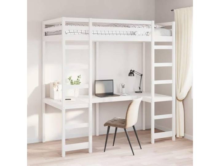 RJPLMFV Hochbett, Kiefer, massiv, Weiß, 90 x 190 cm Mit integriertem Schreibtisch, Sicherheitsgeländer, Leiter, modernes Design für Schlafzimmer
